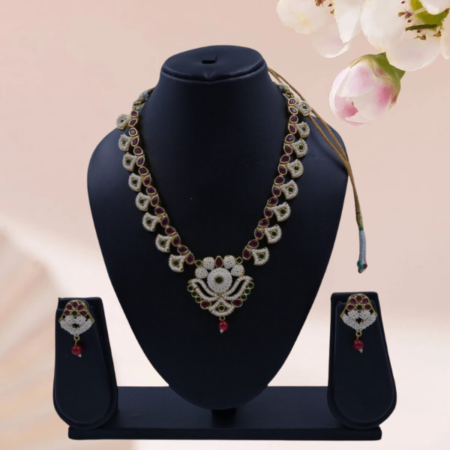 Elegant Floral Pearl and Stone Necklace with Matching Earrings