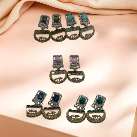 Contemporary Square and Crescent Earrings with Semi-Precious Stones
