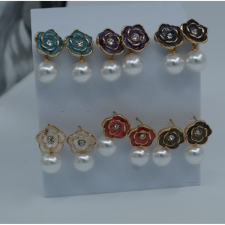 Enamel Floral Pearl Drop Earrings