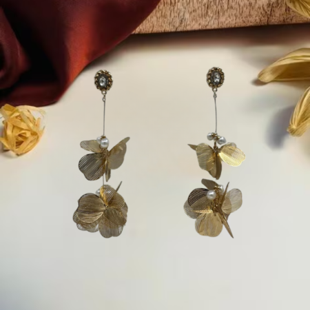 Statement Golden Floral Drop Earrings with Pearl Accents