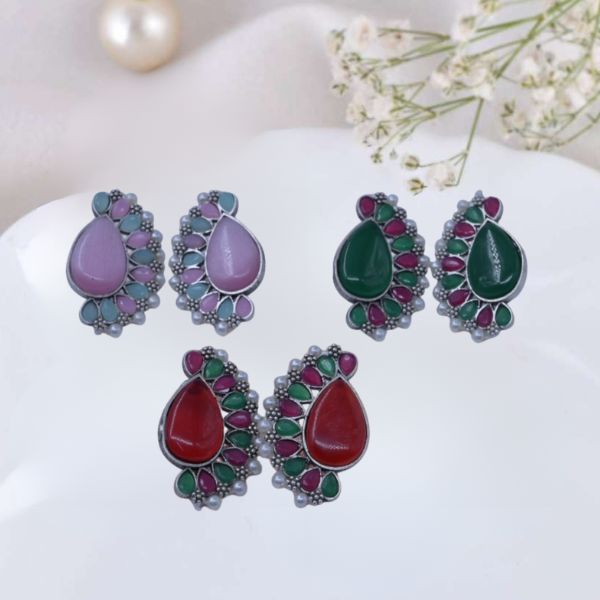 Vibrant Teardrop and Floral Cluster Stud Earrings