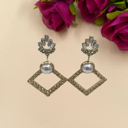Geometric  Golden Pearl and Crystal Drop Earrings