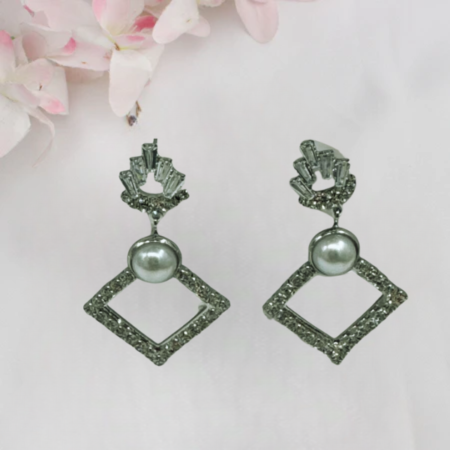 Geometric Silver Pearl and Crystal Drop Earrings
