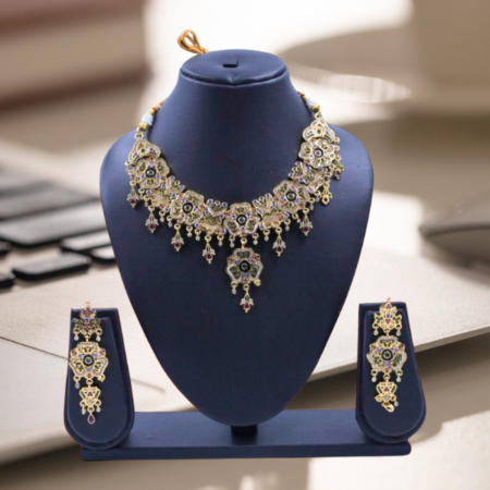 Ornate Brass Choker Necklace with Intricate Design and Matching Earrings