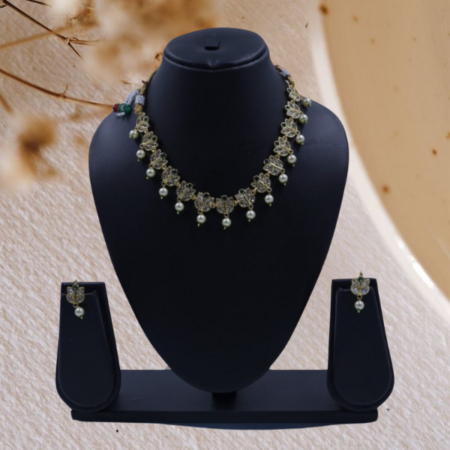 Graceful Brass Floral Pearl Necklace with Matching Earrings
