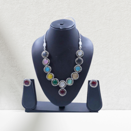 Vibrant Multi-Stone Round Necklace with Matching Earrings